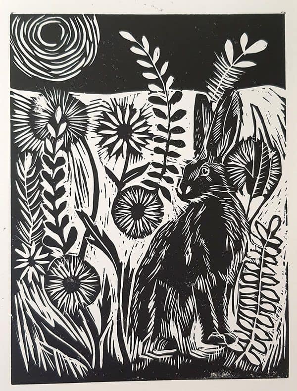 black and white hare lino print
