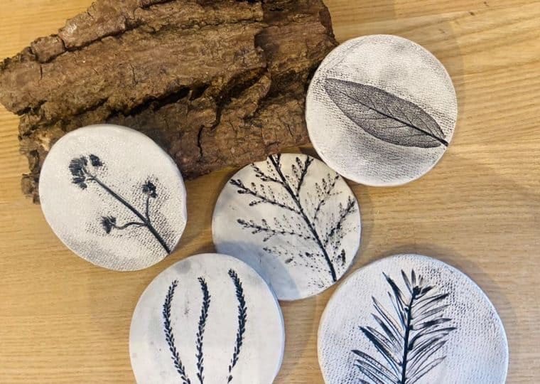 ceramic coasters on bark